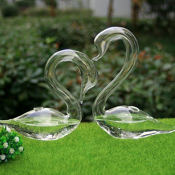 1 Pair Hand Blown Glass Swan Clear Bud Vase or Plant Clippings