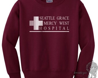 JUST LOGO Seattle Grace Mercy West Hospital printed on Black, White, Light steel, Maroon or Navy Crew neck Sweatshirt