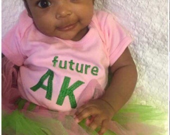 Future AKA Sorority Outfit/BodySuit and Tulle Skirt. Baby College Sorority Outfit. AKA Baby Girl. Pink and Green Baby Girl. AKA Baby Shirt