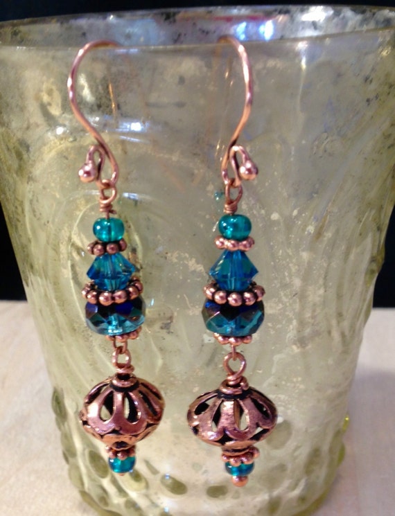 Blue Czech Glass Fire Polished And Copper Dangle Earrings