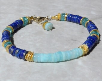 Peruvian Opal Bracelet, Blue Opal Bracelet, Lapis Lazuli Bracelet, Apatite Gemstone Bracelet, Gold Bracelet