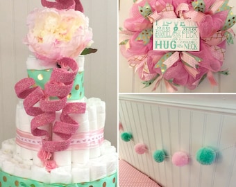Custom Baby Shower Decoration Set, Diaper Cake Decoration Set, Custom Nursery Decor, Pom Pom Party Garland, Custom Nursery Wreath