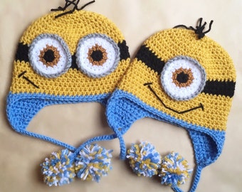 Crochet Minion Hat with Pom Poms- All sizes available!