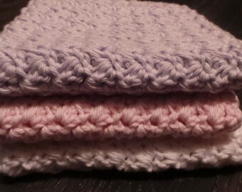 Set of 3 Cotton Crochet Washcloths, White, Pink and Lilac.