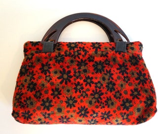 Tapestry bag with plastic handles Vintage Floral Print red velvet handbag, Purse Top handles bag Red handbag A minimalistic and functional