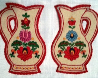 Trivets, Hot Pads, Vintage 1950’s Matyo style Hungarian Embroidery, Pair Embroidered Trivets