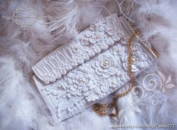 Items similar to Elegant Women Bag Bridal Clutch Irish Lace Wedding White Handbag Purse Crochet ...