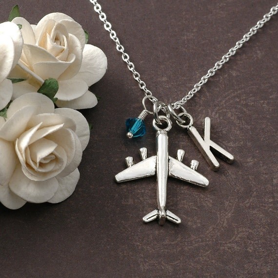 Airplane Necklace Silver Airplane Initial Necklace
