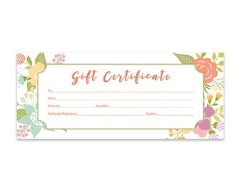 Floral, Gift Certificate Download, Flowers, Premade Gift Certificate, Template, Printable, Blank Gift Certificate, Garden, Gift for Her