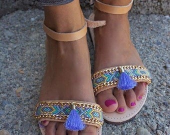 OOAK unique greek Sandals with pastel friendship bracelet and tassel