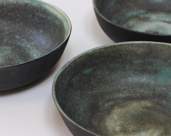 Ceramic Bowl, Turmaline Green Black Stoneware Bowl, Wedding Gift Set, Stoneware Bowls Set Handmade Ceramic Blue Green Black