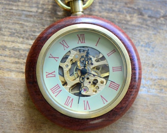 Wood Wind-Up Pocket Watch Necklace. Beveled Glass Window, Wood / Brass Casing Vintage Style Watch (BB053)