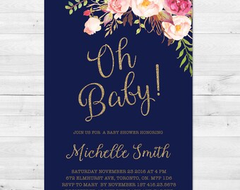 Baby Shower Invitation Girl, Boho, Navy, Watercolor Baby Shower Invitation, Flowers, Watercolor, Printable, Printed