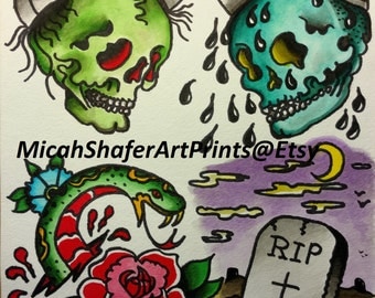 neo traditional traditional tattoo flash print red skull neo traditional traditional tattoo flash print red skull