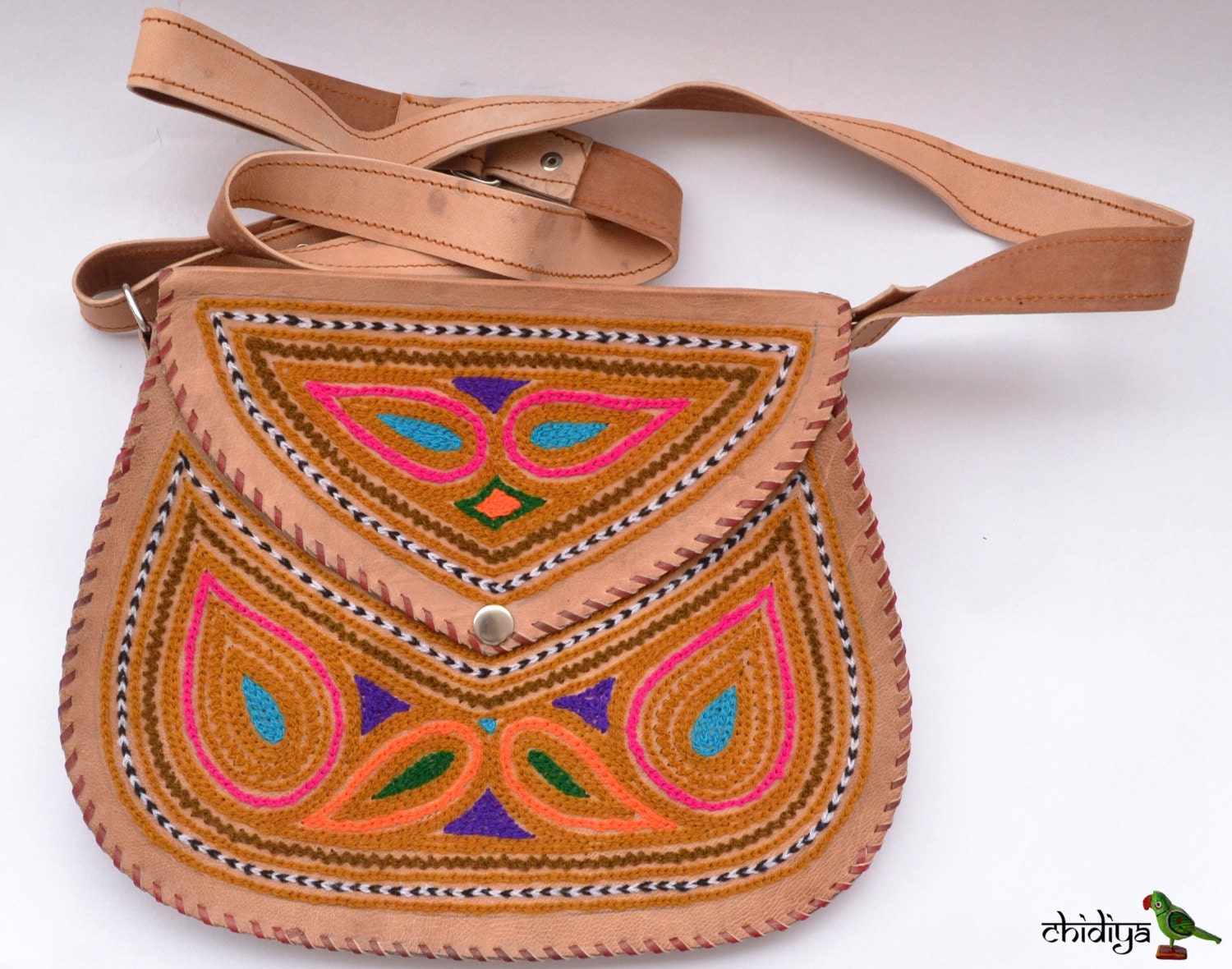 Embroidered handmade Indian leather bag vintage looking