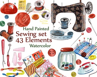 Sewing Digital Clipart: "SEWING SET CLIPART" Watercolor Sewing Machine Clip Art Craft Clipart buttons needle iron pincushion scissors