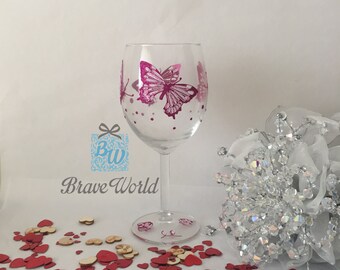 Hand Decorated Wine Glass Pink Butterflies, Butterflies, Wine Glass Gift, Pink Butterfly, Pink Wine Glass, Hens Party, Wine Glass Present