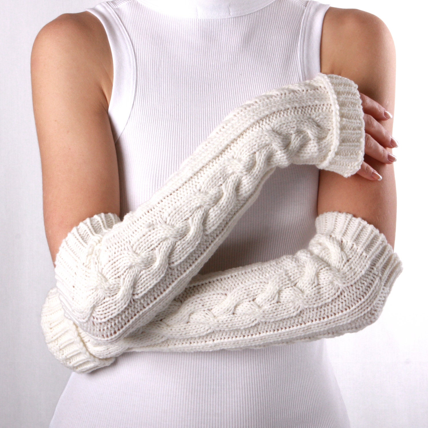 Long arm warmers White Fingerless Gloves Womens Arm Warmers