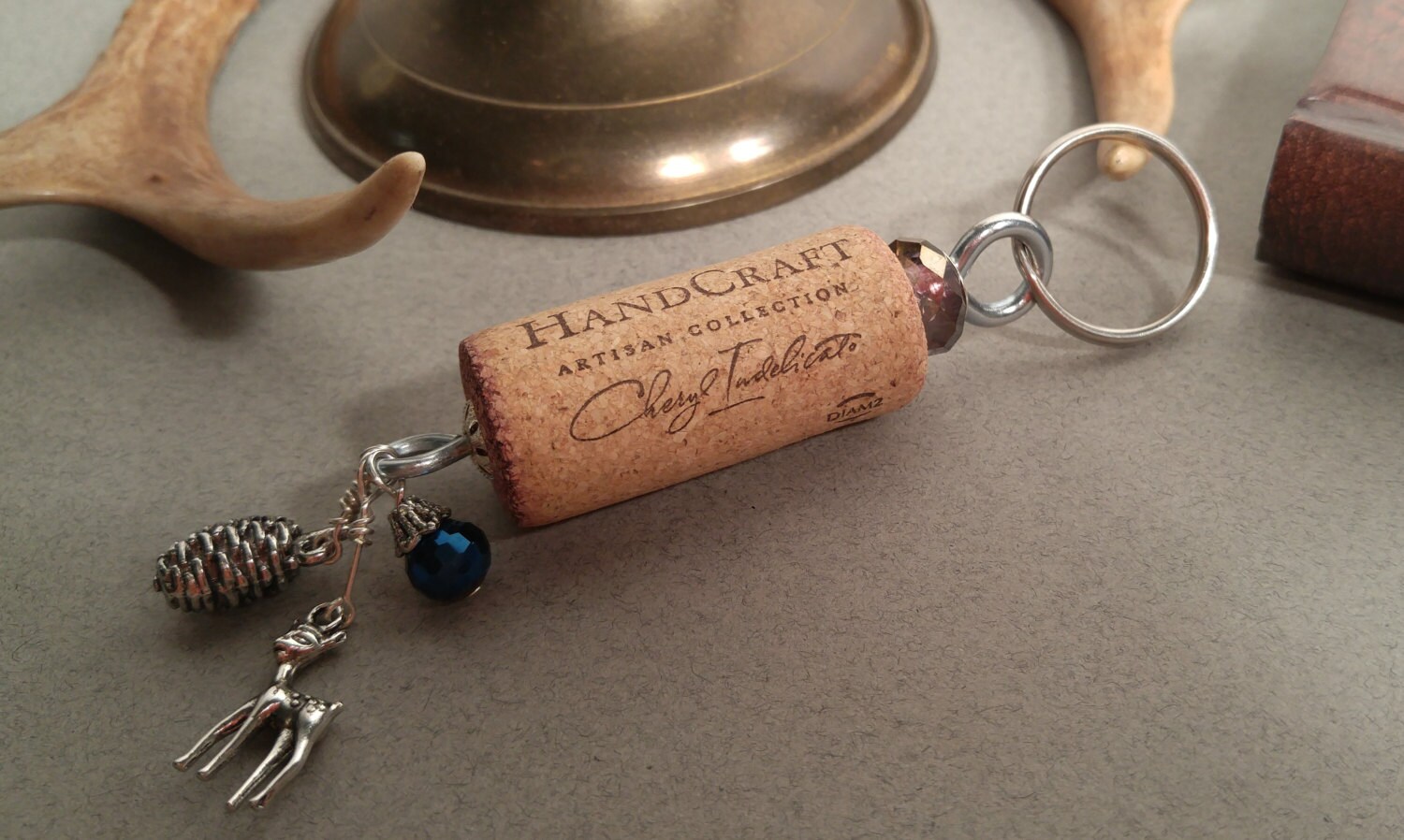 Wine Cork Keychain with Deer Charm and Key Ring Recycled Wine