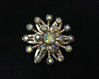 Vintage Brooch, Goldtone, Starburst Flower, Greenish, Blue Crystal