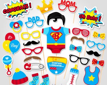 Baby Shower Photo Booth Props - Superhero Superman Photo Booth Prop - It's a Boy Baby Photobooth Props - Team Blue Baby Boy