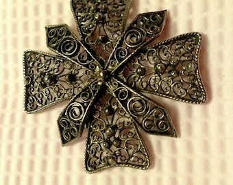 Vintage Large Filigree Maltese Cross - Antique Silver tone