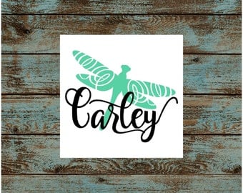 Dragonfly with Swirly Script Name Vinyl Decal | Yeti Corkcicle Rtic Frio | Car Decal