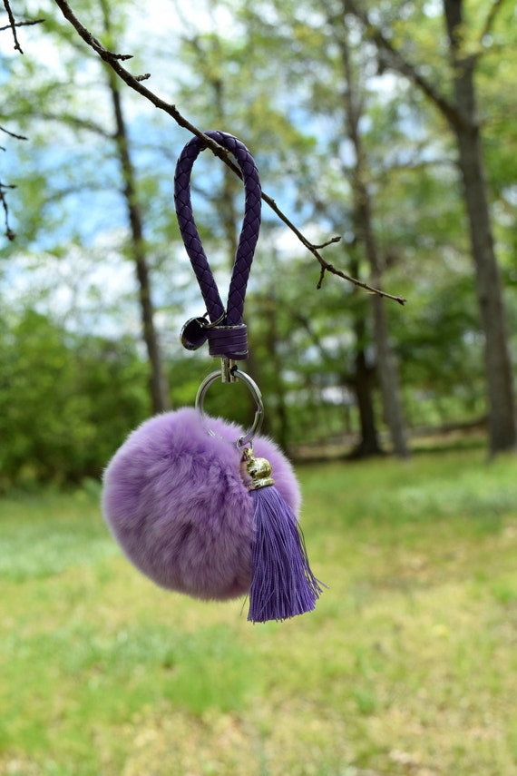 Purple Rabbit Fur Ball Keychain Handbag Backpack Gift and