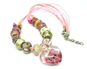 Pink Glass Rose Pendant Necklace Beads Rhinestone Murano Lampwork Choker 100D