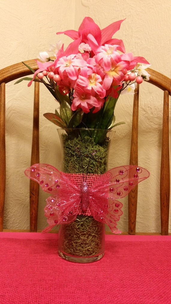 Handmade Pink Artificial Flower Arrangement with Glass Vase and Pink Embellishment (Sample)