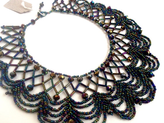 Black iridescent seed beaded lace necklace Openwork necklace