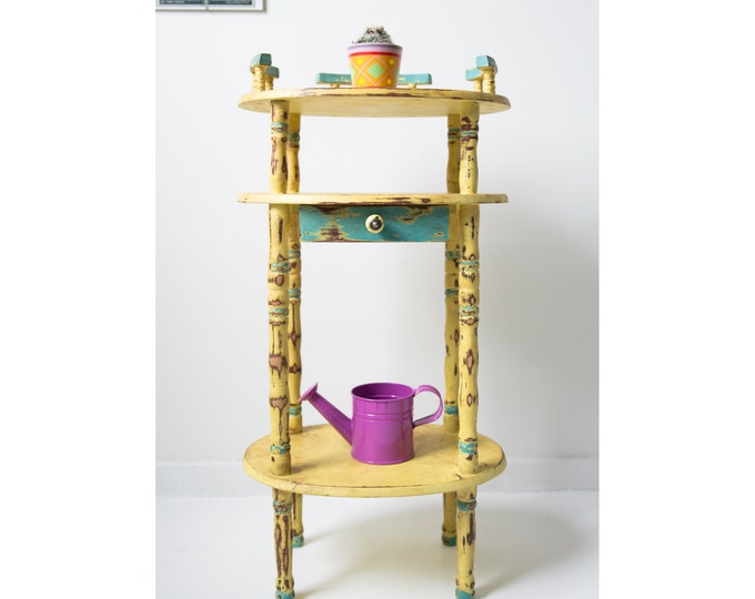 Telephone Table, table, yellow and blue, hand painted, coffee table, book table, flowers table