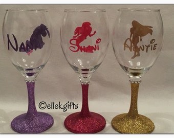 Disney Princess Silhouette Glitter Wine Glass Personalised With Disney Font Name