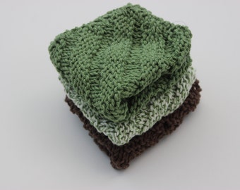 Cotton Knit Dishcloths, 100 Percent Cotton, Earth Tones, Set of 3, Cotton Dish Rags