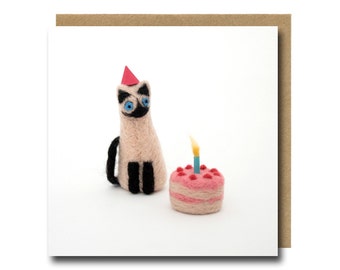 Siamese Cat Birthday Card, Cat Greeting Card, Needle Felted Cat, Party Invitation, Cute Animal Card, Fibre Art, Cat Lover Card, Cat Art Card