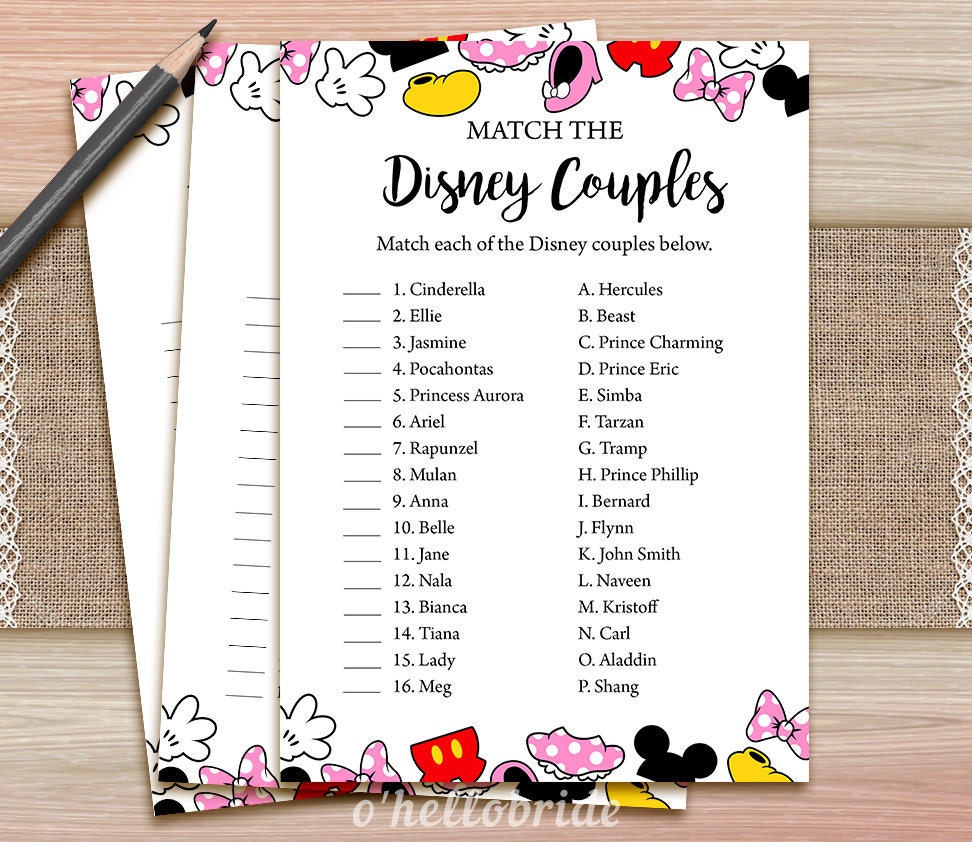 Disney Couples Match Game Printable Disney Bridal Shower