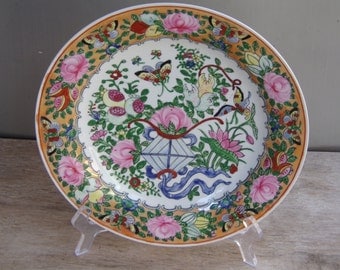 Antique Chinese Famille Verte Rose Canton porcelain plate Hand painted and gold accent Rare Vintage Collectible