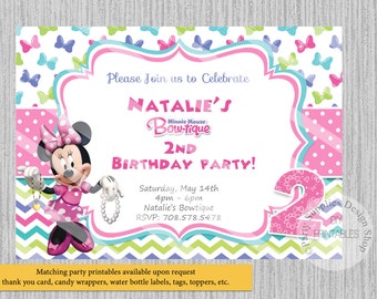 PRINTED or Digital Bowtique Minnie Mouse Birthday Invitations, Minnie Mouse Party Supplies, Disney Minnie Printable Invitations, Chevron