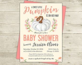 Fall Baby Shower Invitation, Pumpkin Baby Shower Invitation, Gender Neutral, Little Pumpkin, Pumpkin, Coral