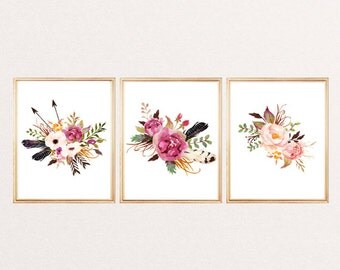 Print watercolor flowers arrows feathers arrows floral wall art print watercolor floral poster nursery decor home office decor SET OF 3