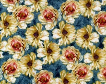 Floral Fabric: Marche de Fleurs - Packed Flowers Teal 100% cotton fabric by the yard 36"x44" (C195)