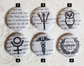 Percy Jackson • 1.5 inch buttons • Camp Halfblood • Series • Poseidon • Jewelry • Book pages makes each pin unique. Buy 3 Get 1 FREE!
