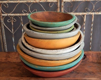 PAINTED WOODEN BOWLS/ 8 inch bowl / FarmhouseStyle Wood Bowls/ Distressed Wooden Bowls/ Vintage Style Wooden Bowsl/ Primitive Wooden Bowls