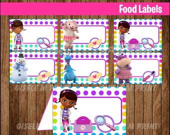 Doc McStuffins Food Labels, Printable Doc McStuffins food tent cards, Doc McStuffins party food cards instant download