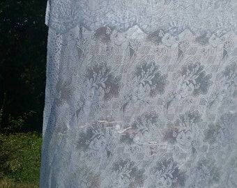Extra Large Vintage White Lace Window Curtain. Vintage White Floral Lace Sheer Curtain. 68 x 68". Square Lace Curtain.