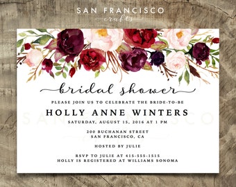 Bridal Shower Invitation | Printable Bridal Shower Invite | Floral, Red, Marsala, Burgundy, Garden, Roses | Holly Collection | Digital File