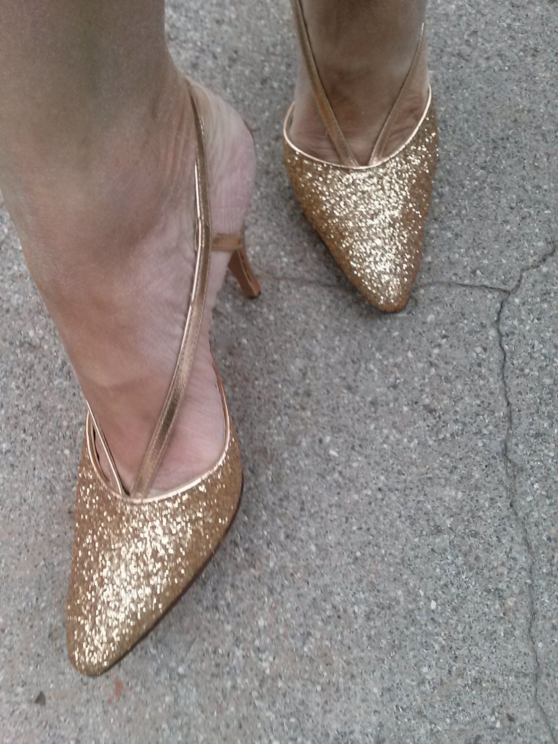 Vintage 1980s Shoes Gold Glitter Stilettos 80s High Heels US7