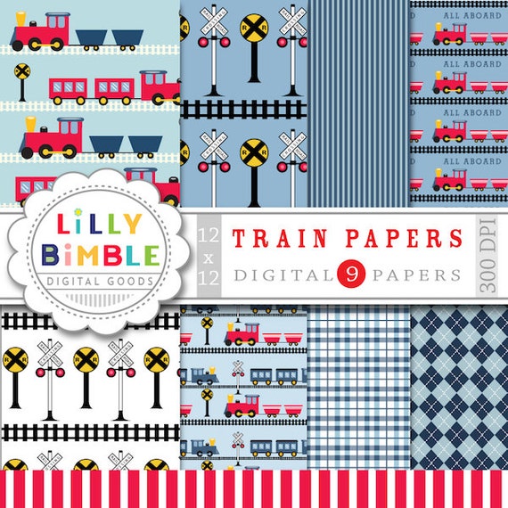 60% off Train Collection Digital scrapbook papers blue and red trains, boys birthday paper INSTANT DOWNLOAD Il_570xn