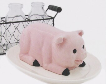 Pink Pig Ceramic Butter Dish Lid and Oval Tray In Soft White for Country Farm Kitchen Decor or Dining Table Use