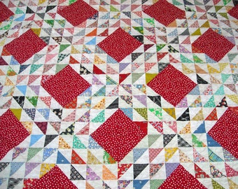 Queen Size Quilt - 94.5 x 95.5 - Handmade Ocean Waves Quilt - Reproduction Feedsack Prints - Vintage Feed Sack Look - Flea Market Style